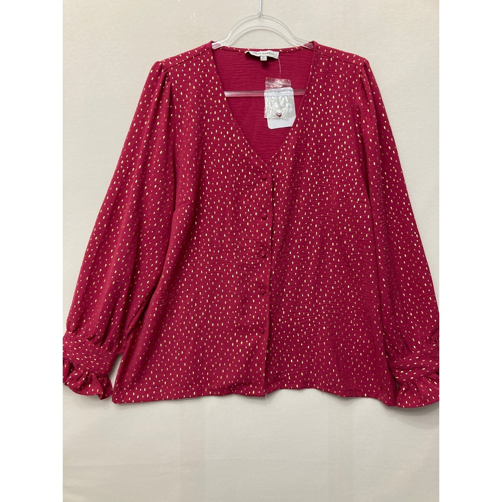 NWT Emily Daniels Blouse Size XL Pink Gold Polka Dot V-Neck Ruffle Cuff Holiday